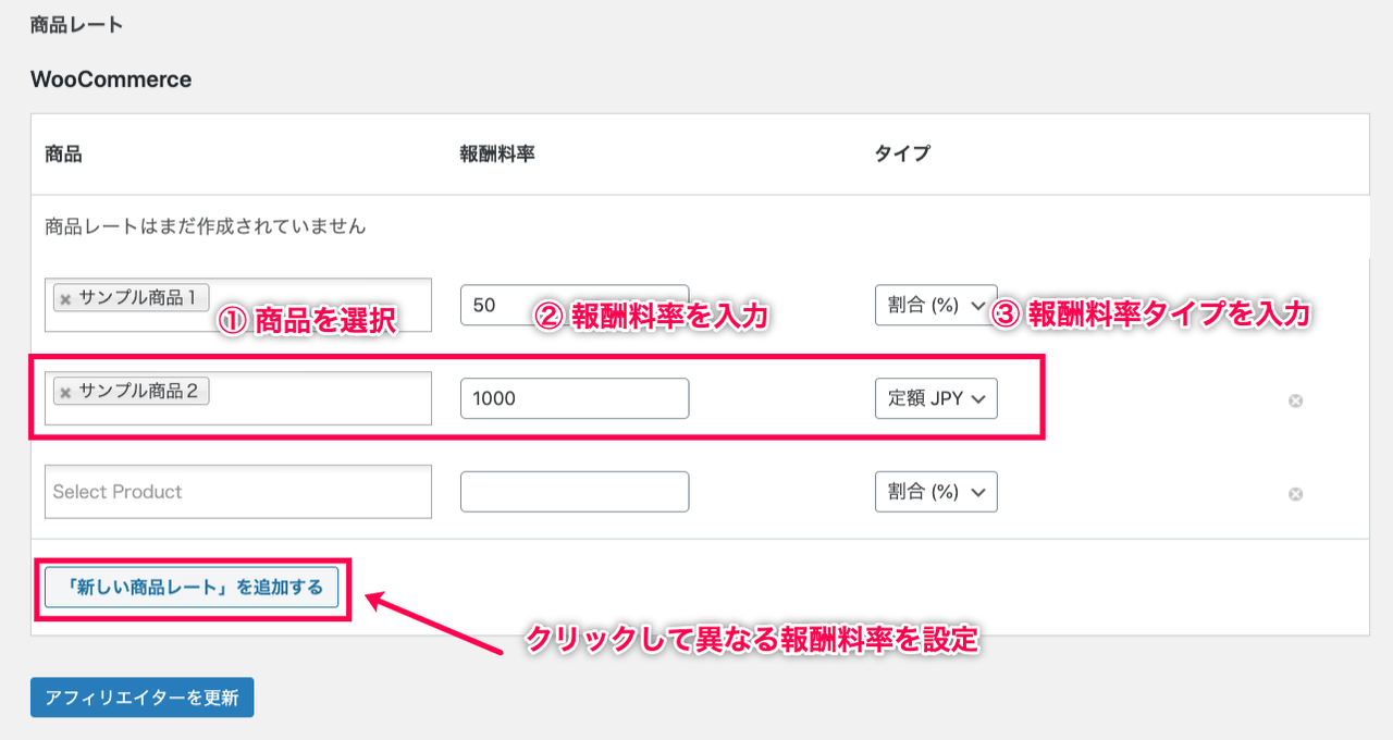 Affiliate Product Rates_6商品レート設定画面＞新しい商品レート