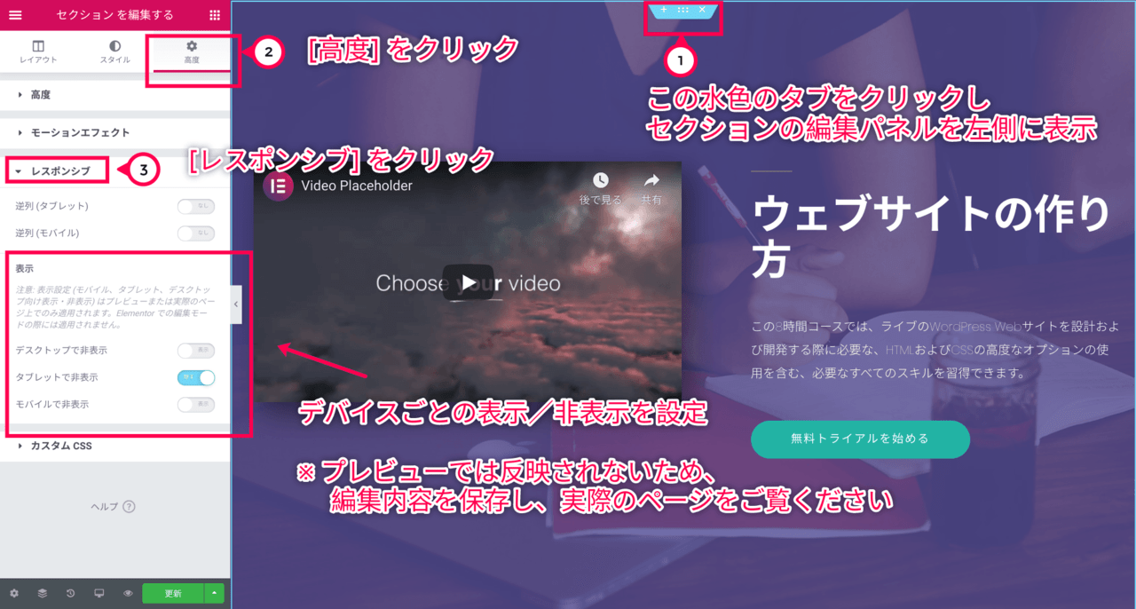 Elementor デバイスごとの表示／非表示設定