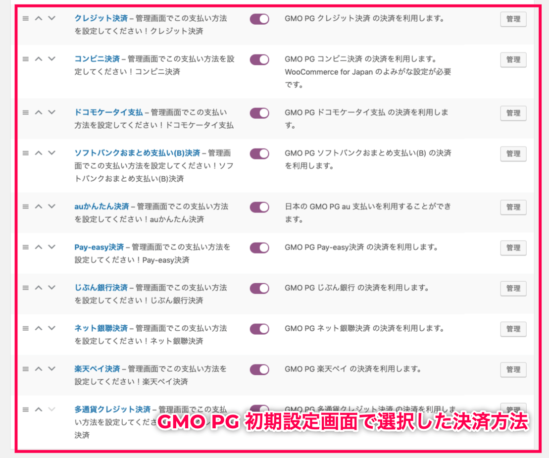 GMO PG＞WooCommerce＞設定＞追加決済方法赤