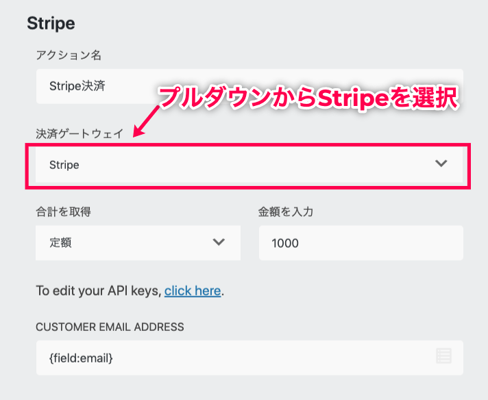 Ninja Forms Stripe＞お問い合わせフォーム＞メール＆アクション＋ボタン＞決済項目ボタン＞Stripe決済赤枠