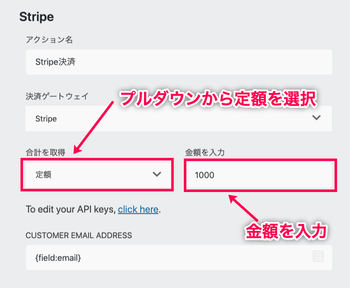 Ninja Forms Stripe＞お問い合わせフォーム＞メール＆アクション＋ボタン＞決済項目ボタン＞Stripe決済＞定額ー金額入力赤枠