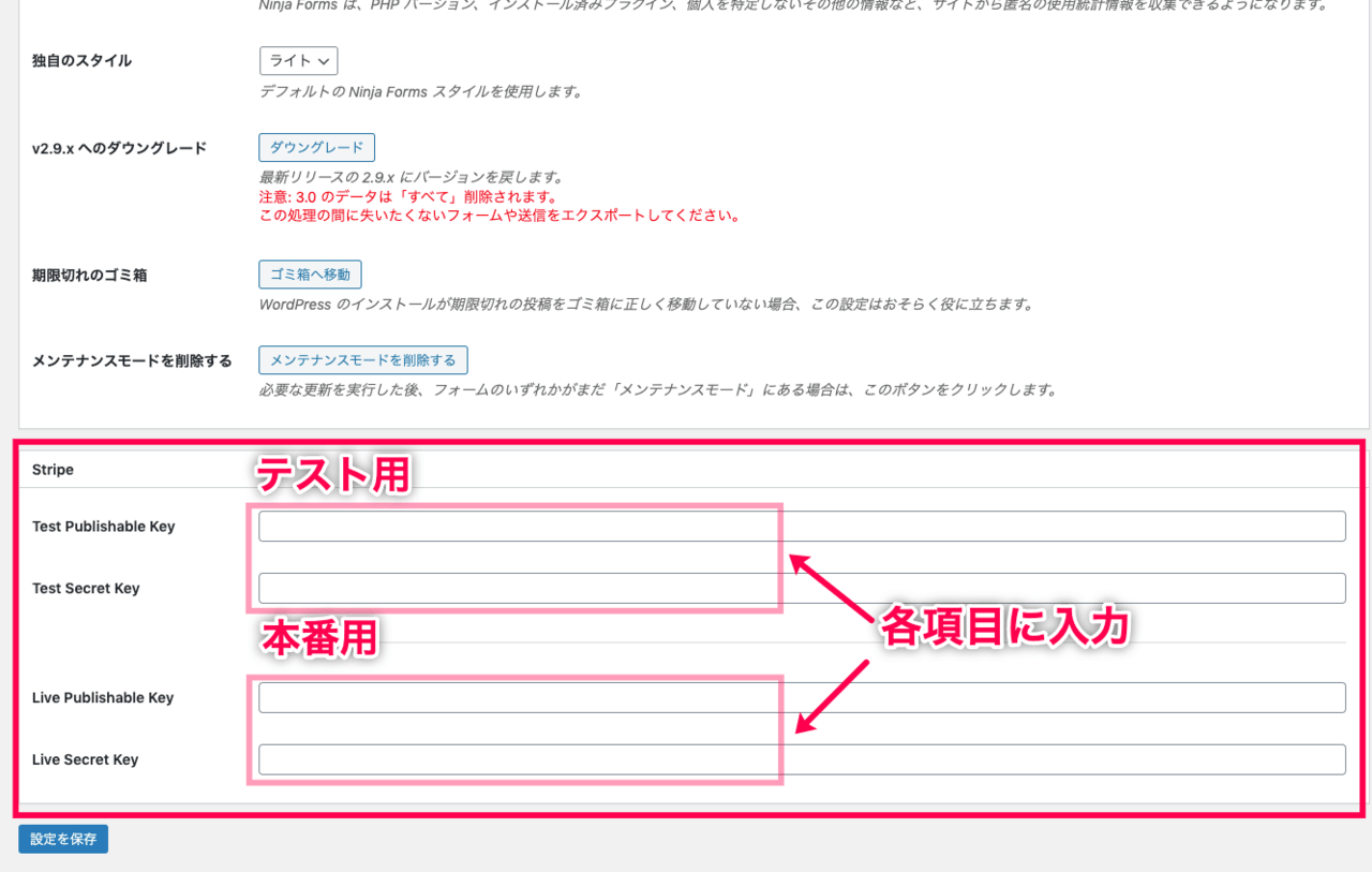 Ninja Forms Stripe＞設定＞Stripe設定項目入力赤枠