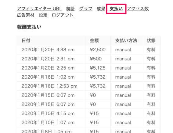 affiliate-wp_フロントエンド＞アフィリエイトエリア＞⑤支払いタブ