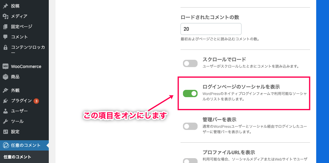 AnyComment 日本語化パッチ ログインページのソーシャルを表示をオンにする