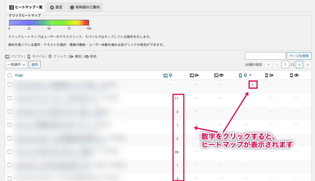 Aurora Heatmap 日本語化パッチ ヒートマップを閲覧したい記事の数字をクリック