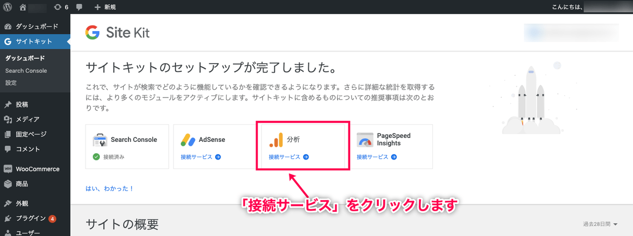 Site Kit by Google 日本語化パッチ 接続サービスをクリック