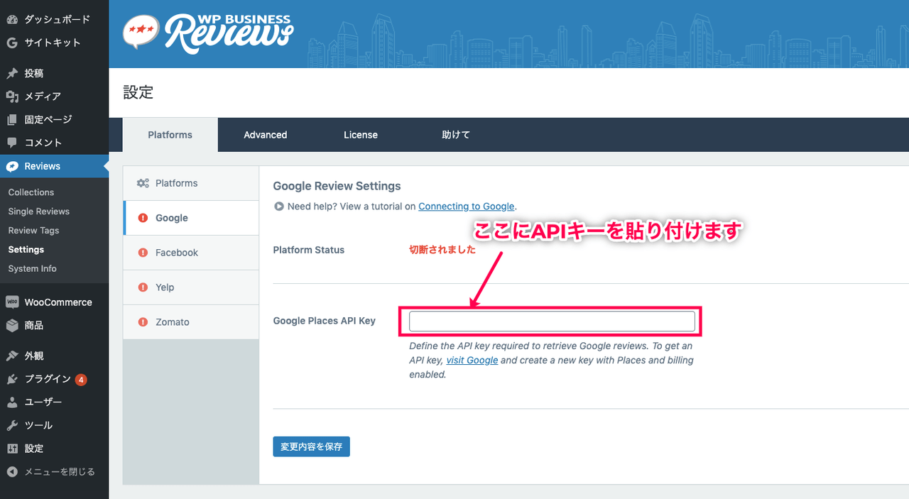 WordPress ビジネスレビュー APIキーを貼り付ける