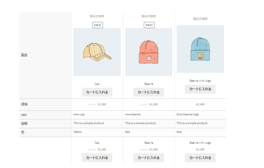 商品比較 for WooCommerce 使い方（商品比較表の生成の流れ 比較表）